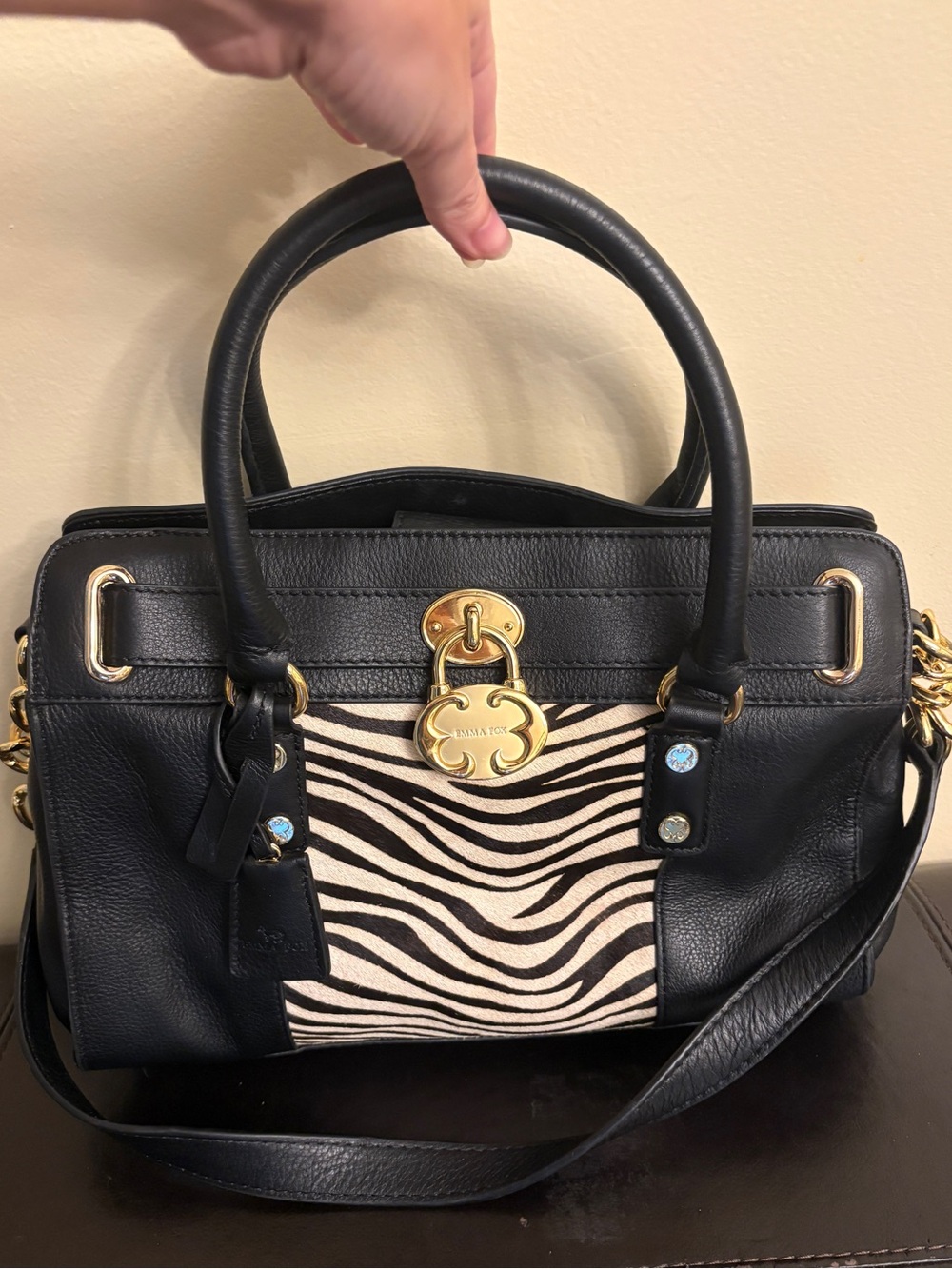 Emma Fox Zebra Print Essex Satchel Leather Handbag Shoulder Bag Black White